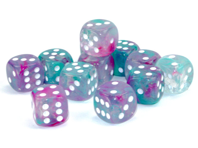 Chessex: Nebula Wisteria/white Luminary 16mm d6 Dice Block (12 dice)
