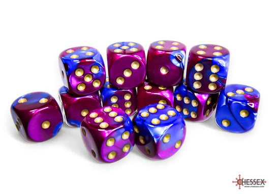 Chessex: Gemini Blue-Purple/gold 16mm d6 Dice Block (12 dice)