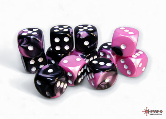 Chessex: Gemini Black-Pink/white 16mm d6 Dice Block (12 dice)