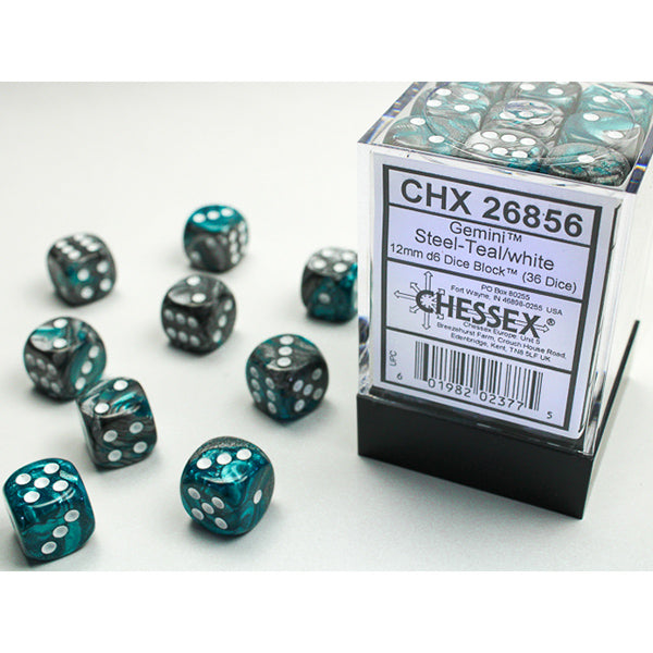 Chessex: 12mm 36 d6 Gemini: Steel-Teal/White Dice