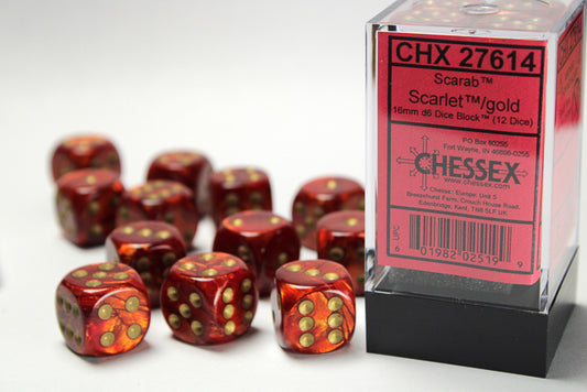 Chessex: Scarab Scarlet/gold 16mm d6 Dice Block (12 dice)
