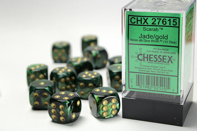 Chessex: Scarab Jade/gold 16mm d6 Dice Block (12 dice)