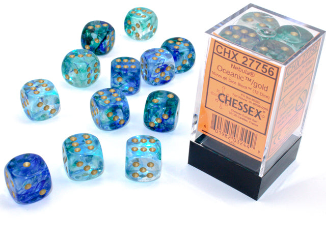 Chessex: Nebula Oceanic/gold Luminary 16mm d6 Dice Block (12 dice)