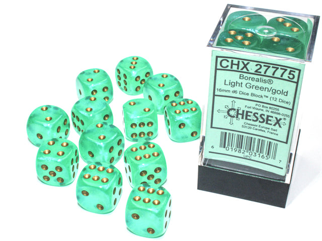 Chessex: Borealis Light Green/gold Luminary 16mm d6 Dice Block (12 dice)