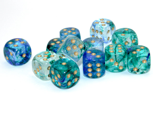 Chessex: Nebula Oceanic/gold Luminary 16mm d6 Dice Block (12 dice)