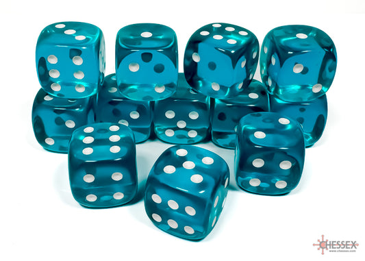 Chessex: Translucent Teal/white 16mm d6 Dice Block (12 dice)