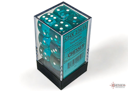 Chessex: Translucent Teal/white 16mm d6 Dice Block (12 dice)