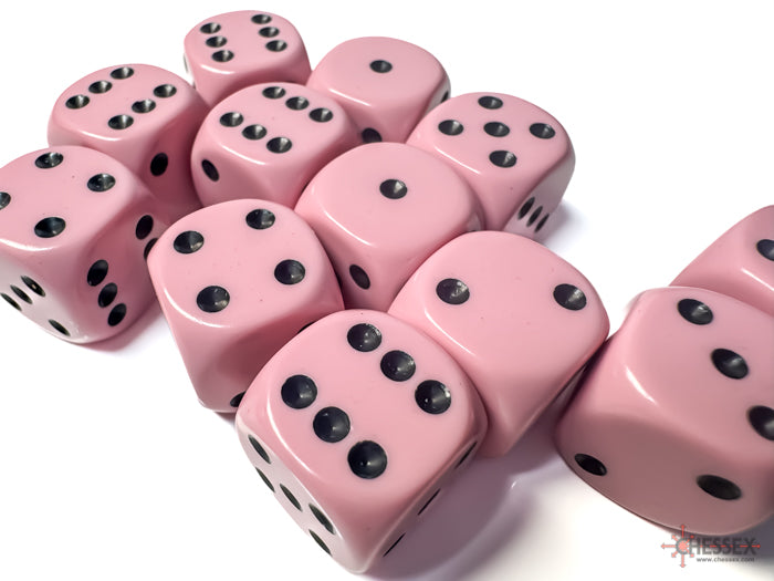 Chessex: Opaque 16mm d6 Pastel Pink/black Dice Block (12 dice)