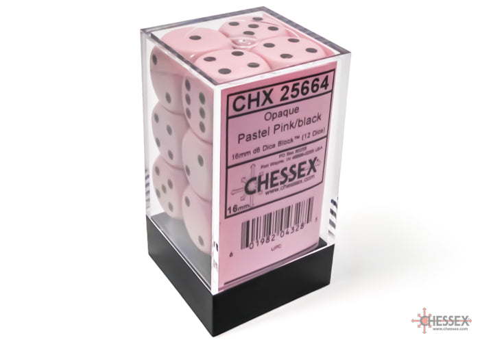 Chessex: Opaque 16mm d6 Pastel Pink/black Dice Block (12 dice)