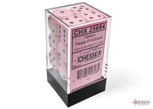 Chessex: Opaque 16mm d6 Pastel Pink/black Dice Block (12 dice)