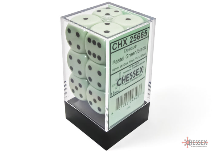 Chessex: Opaque 16mm d6 Pastel Green/black Dice Block (12 dice)