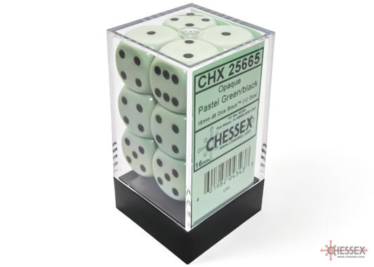 Chessex: Opaque 16mm d6 Pastel Green/black Dice Block (12 dice)