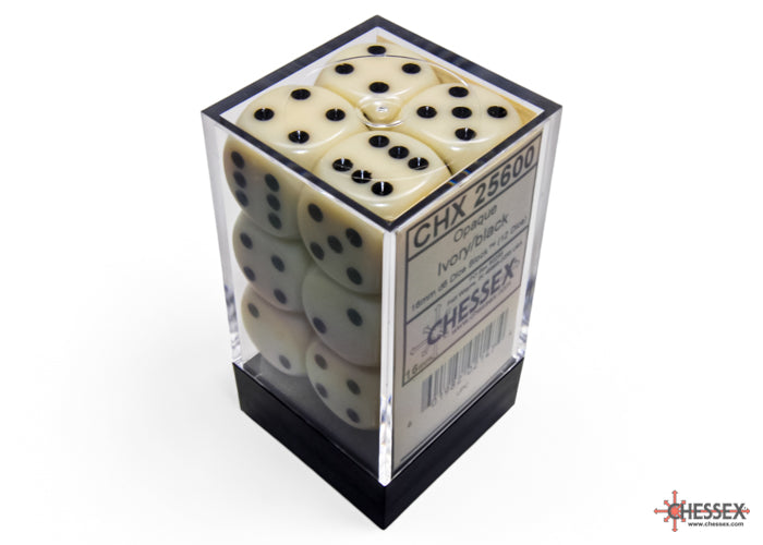 Chessex: Opaque Ivory/black 16mm d6 Dice Block (12 dice)