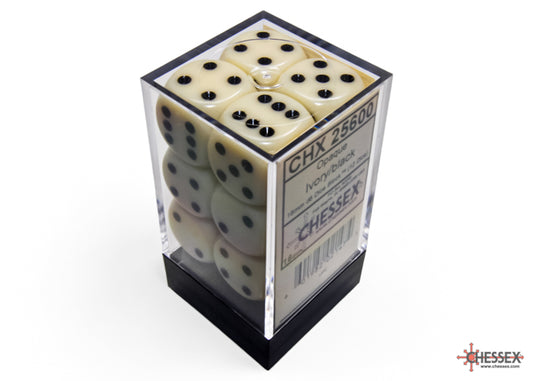 Chessex: Opaque Ivory/black 16mm d6 Dice Block (12 dice)