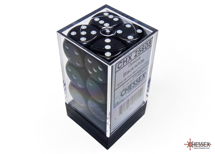 Chessex: Opaque Black/white 16mm d6 Dice Block (12 dice)
