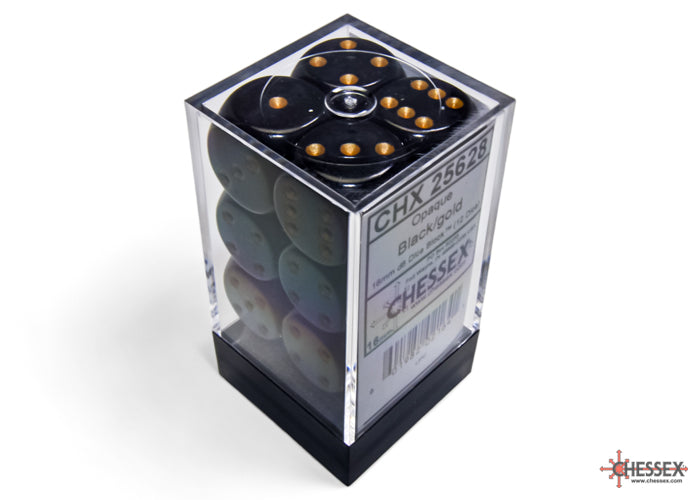 Chessex: Opaque Black/gold 16mm d6 Dice Block (12 dice)