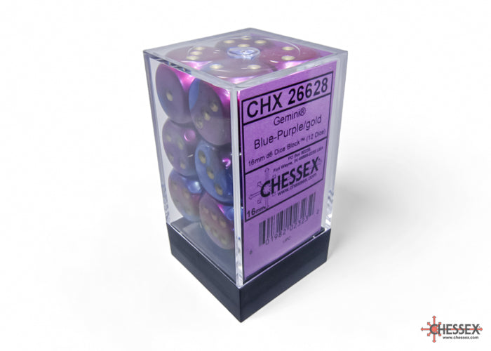 Chessex: Gemini Blue-Purple/gold 16mm d6 Dice Block (12 dice)