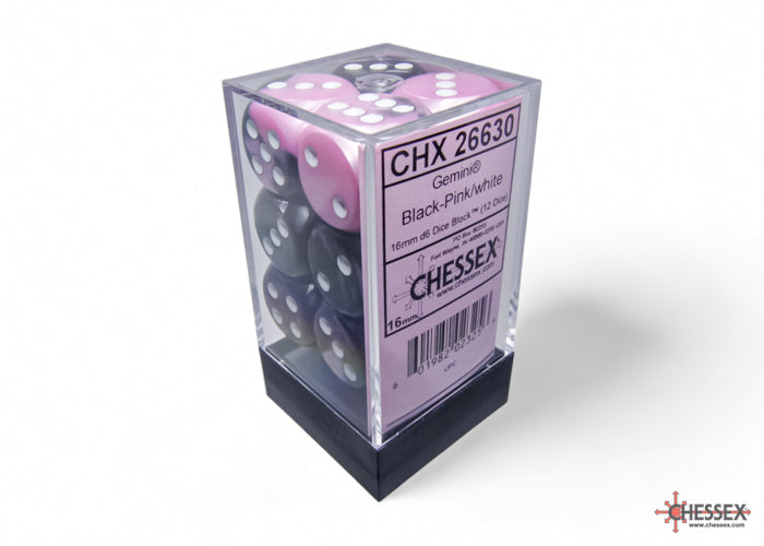 Chessex: Gemini Black-Pink/white 16mm d6 Dice Block (12 dice)