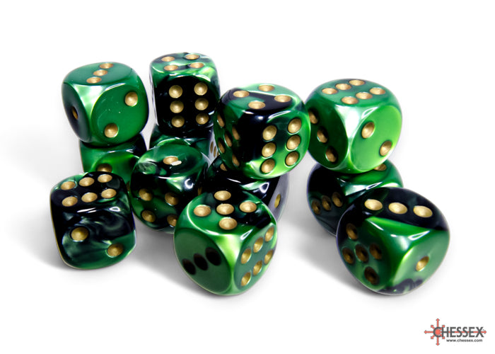 Chessex: Gemini Black-Green/gold 16mm d6 Dice Block (12 dice)
