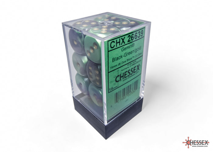 Chessex: Gemini Black-Green/gold 16mm d6 Dice Block (12 dice)