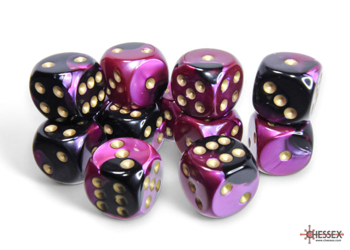 Chessex: Gemini Black-Purple/gold 16mm d6 Dice Block (12 dice)