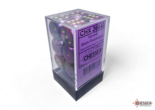 Chessex: Gemini Black-Purple/gold 16mm d6 Dice Block (12 dice)