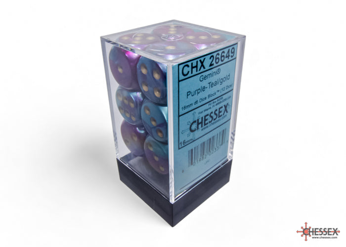 Chessex: Gemini Purple-Teal/gold 16mm d6 Dice Block (12 dice)