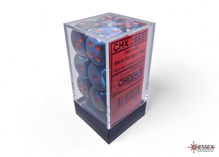 Chessex: Gemini Black-Starlight/red 16mm d6 Dice Block (12 dice)