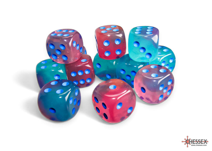 Chessex: Gemini Gel Green-Pink/blue Luminary 16mm d6 Dice Block (12 dice)