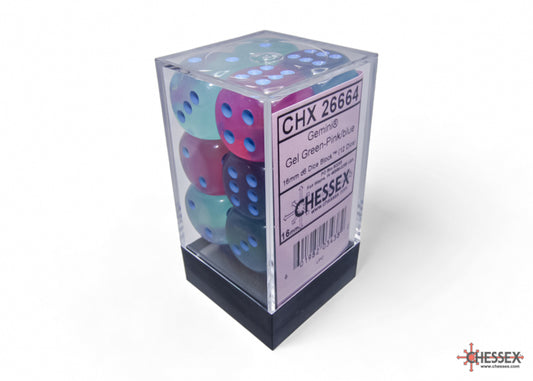 Chessex: Gemini Gel Green-Pink/blue Luminary 16mm d6 Dice Block (12 dice)