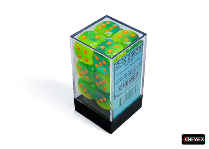 Chessex: Gemini Plasma Green-Teal/orange Luminary 16mm d6 Dice Block (12 dice)