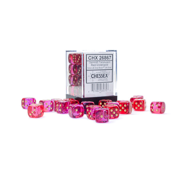 Chessex: 12mm 36 d6 Gemini Translucent: Red-Violet/Gold Dice
