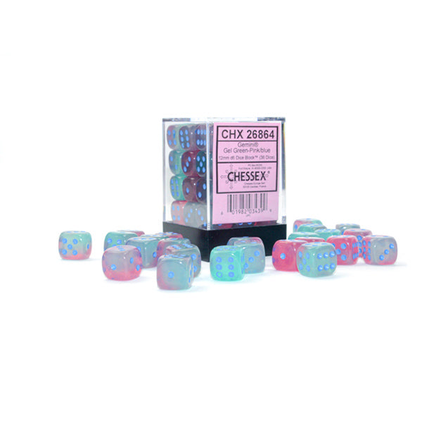 Chessex: 12mm 36d6 Gemini Luminary: Gel Green-Pink/Blue Dice