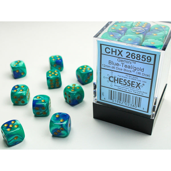 Chessex:  12mm 36 d6 Gemini: Blue-Teal/Gold Dice