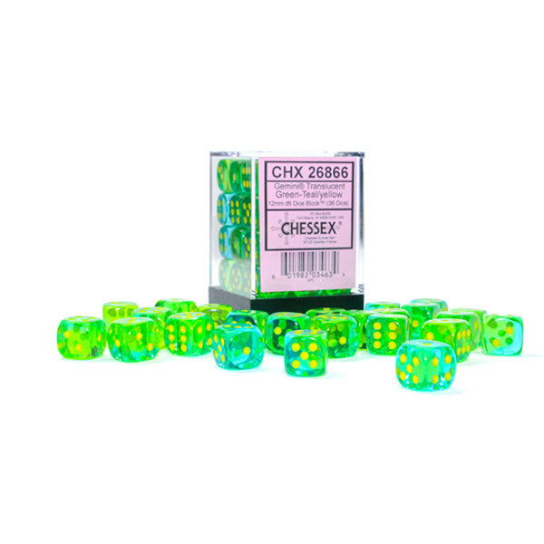 Chessex: 12mm 36 d6 Gemini Translucent: Green-Teal/Yellow Dice