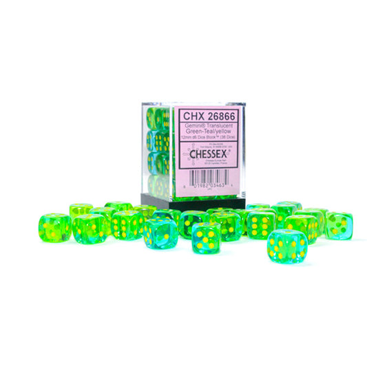 Chessex: 12mm 36 d6 Gemini Translucent: Green-Teal/Yellow Dice