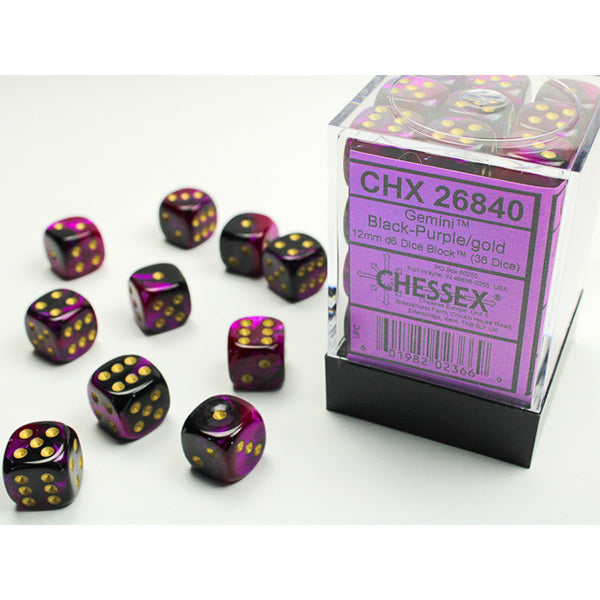 Chessex:  12mm 36 d6 Gemini: Black-Purple/Gold Dice