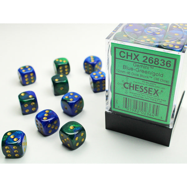 Chessex:  12mm 36 d6 Gemini: Blue-Green/Gold Dice