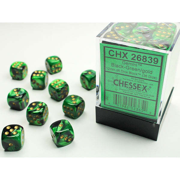 Chessex:  12mm 36 d6 Gemini: Black-Green/Gold Dice